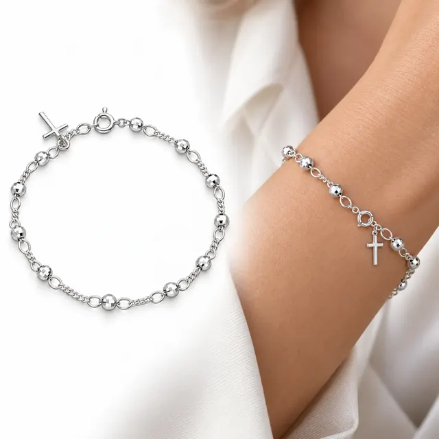 Pulseira bolas com cruz em Prata 925